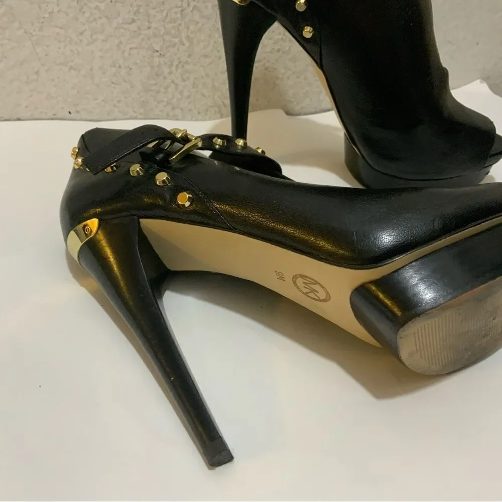 MICHAEL KORS BLACK LEATHER PEEP TOE BOOTIES 9 M